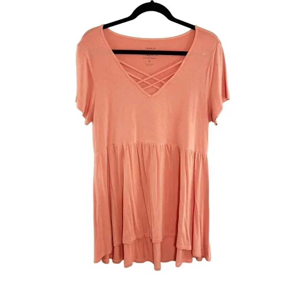 Torrid Salmon/Orange High Low Baby Doll Tunic Tee with Strappy Front Women's 0X - Picture 1 of 8
